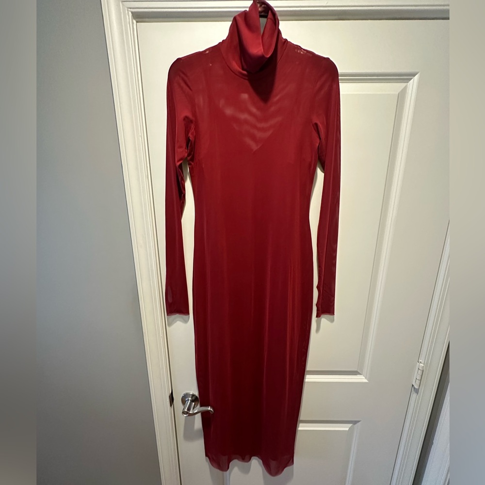 Mesh turtleneck Long sleeve Maroon Midi Dress